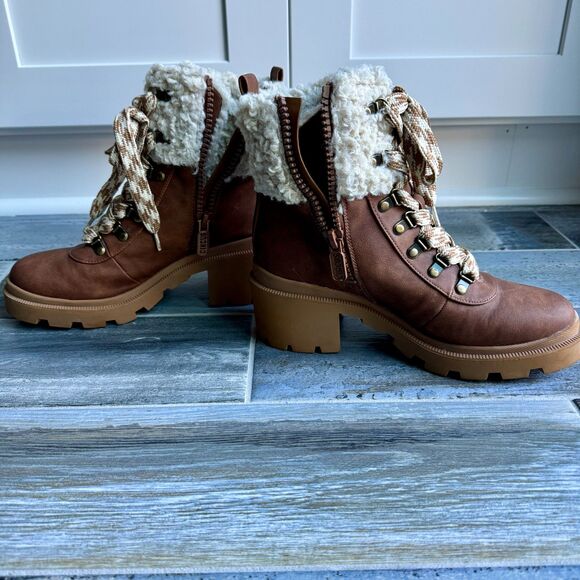 Circus Sam Edelman Brown Combat Boots Warm Faux Fur Rubber Sole Lace and Zip Up - Picture 6 of 8